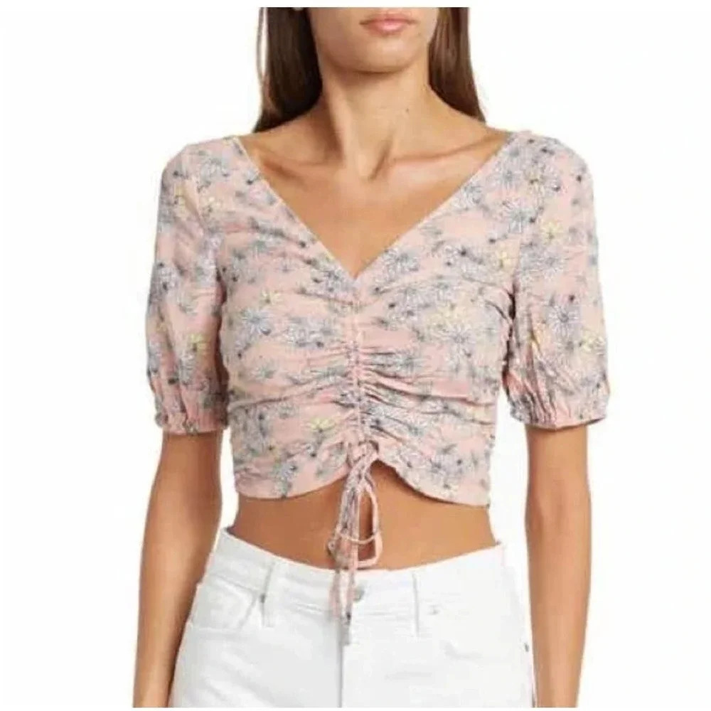 Sophie Rue Women's Crop Blouse Top Size XL Multicolor Viscose Short Sleeves Tie